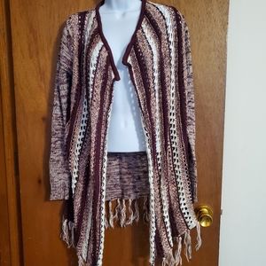 Open knit fringe cardigan sweater